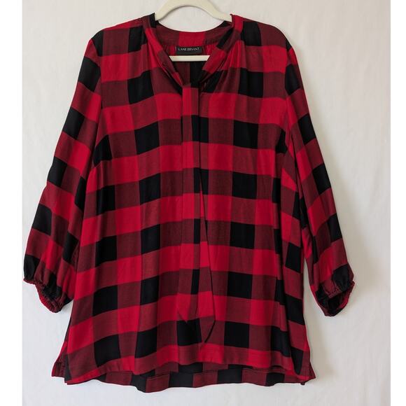 Lane Bryant‎ Womens Red Black Buffalo Plaid Neck Tie Blouse Size 16 Rayon Soft - Picture 1 of 8